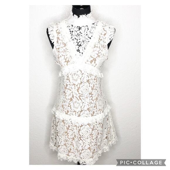 Space 46 white tan lace overlay tiered sleeveless dress size Large - Picture 1 of 16